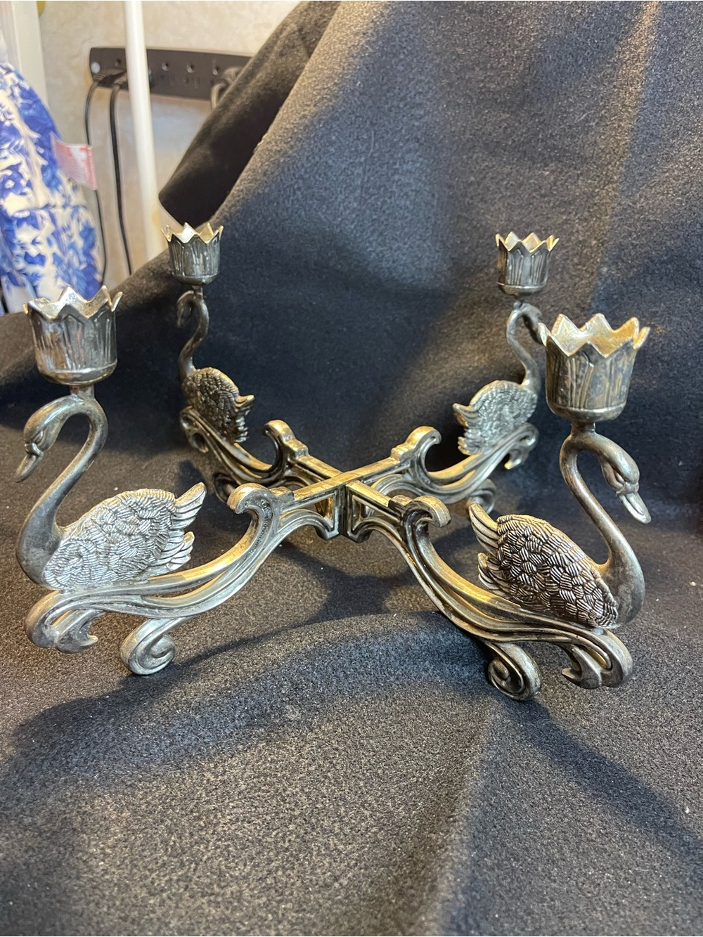 Ornate Swan Metal Candle Holder - Antique plated silver Finish